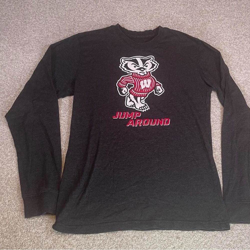 University of Wisconsin charcoal Long Sleeve Tees with Badger/jump around